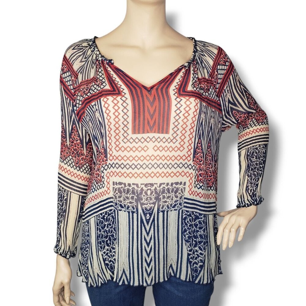 Lucky Brand Chiffon Blouse Womens 3X Patriotic‎ V Neck Pullover Sheer
